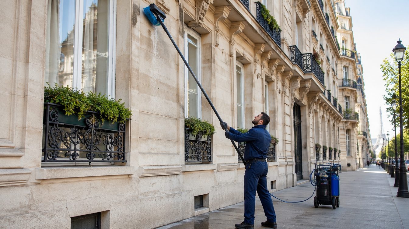 Nettoyage de vitres en hauteur à la perche à eau osmosée sur un immeuble haussmannien